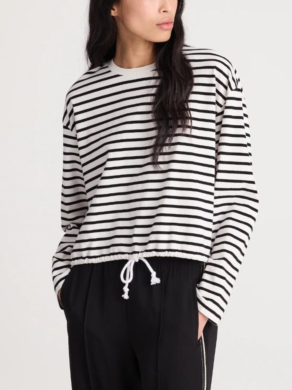Madewell Perfect Boxy Tie Waist Drawstring Jersey Tee White Black Stripes M NWT - Picture 1 of 8